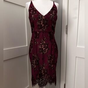 NWT Minuet Size S wine lace overlay dress. Spaghetti straps, v neck, lined.